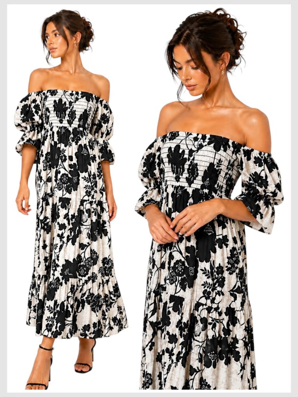 MISA Los Angeles Margarita Midi Dress Black White Floral Smocked Size M